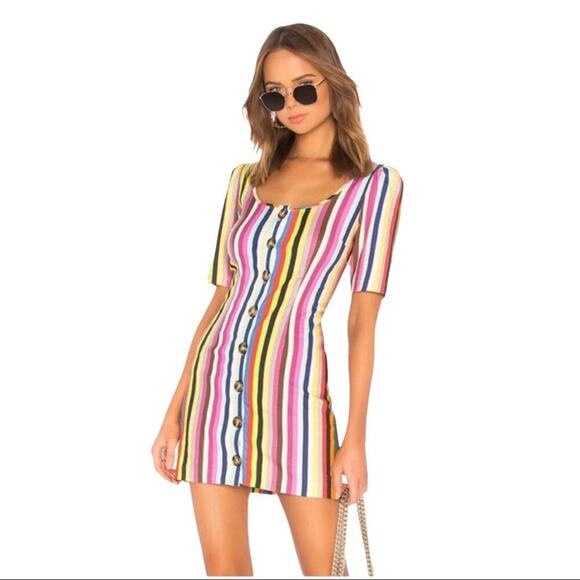 LPA Revolve Puff Sleeve Button Front Multi Striped Linen Mini Dress Size XS - Picture 15 of 16